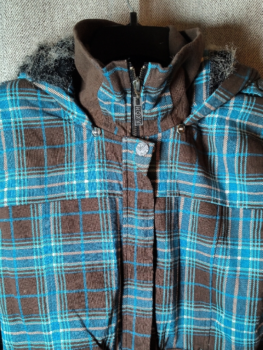 Roxy Turquoise and Brown Plaid Hooded Jacket - Picture 6 of 9